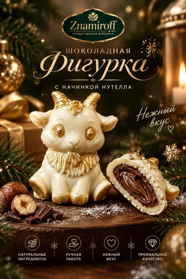 №1 Шоколад фигурный "Мультяшный козлик" белый шоколад с начинкой нутелла(блок 5шт по 70г) в Кстове